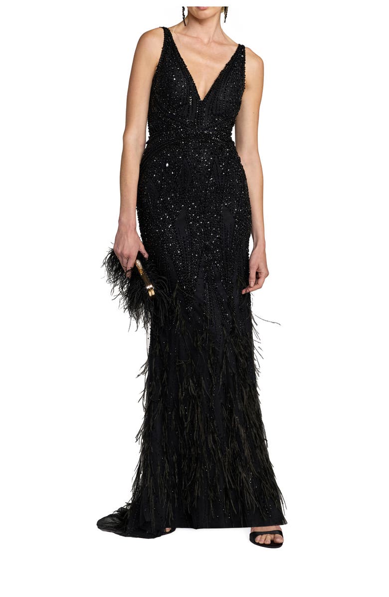 Mac Duggal Embellished Feather Detail Hem Gown, Main, color, Black