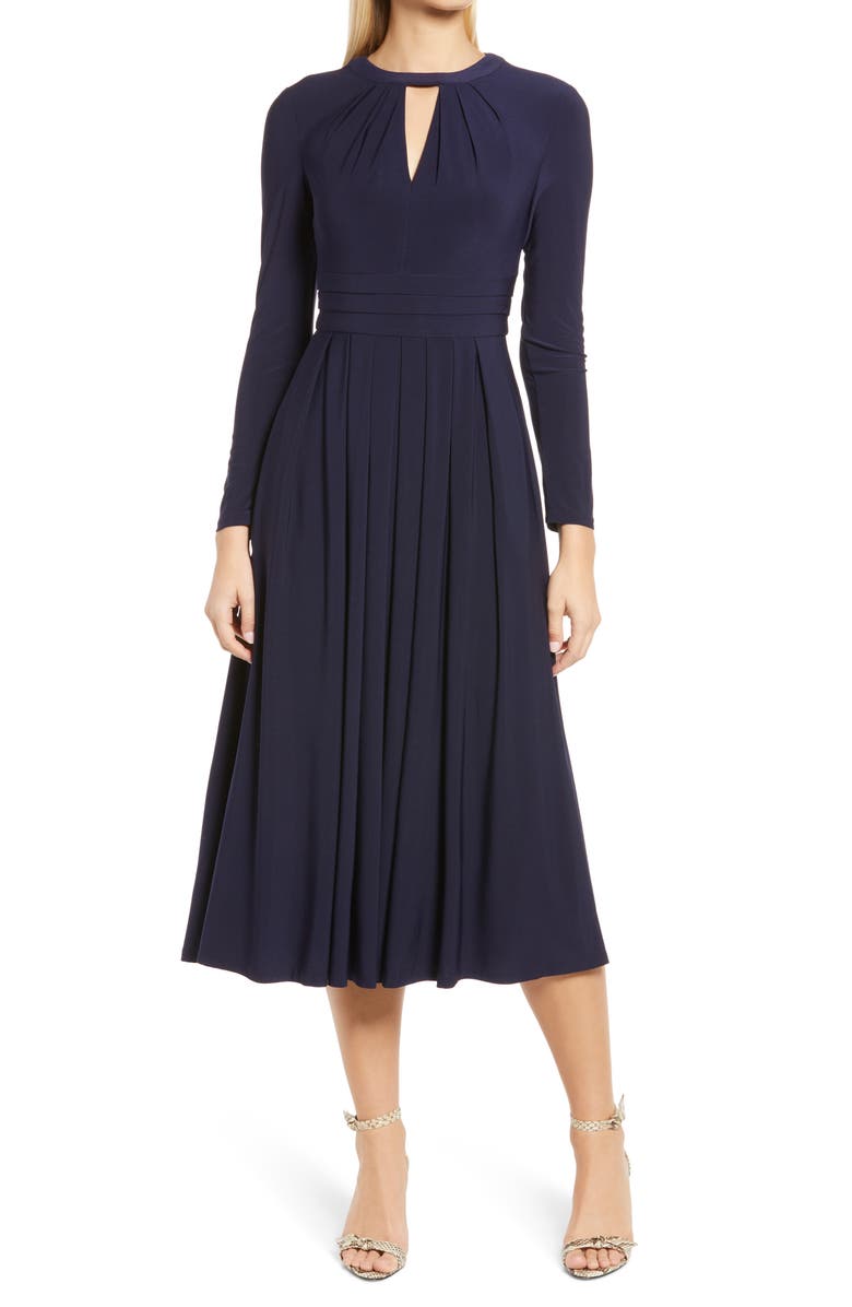 Harper Rose Pleated Keyhole Long Sleeve Fit & Flare Dress, Main, color, 