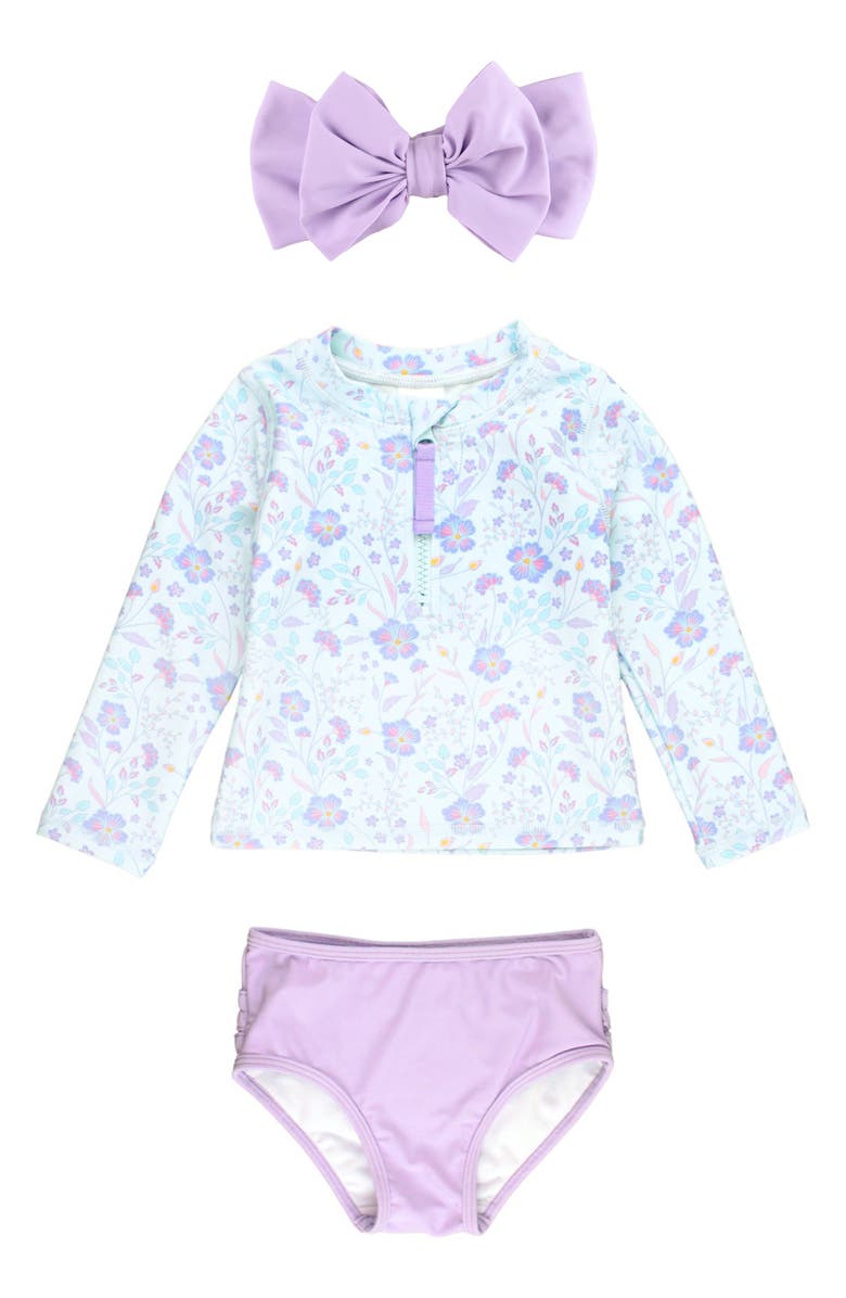 RuffleButts Fairytale Garden Long Sleeve Two-Piece Swimsuit & Headband Set, Main, color, Periwinkle