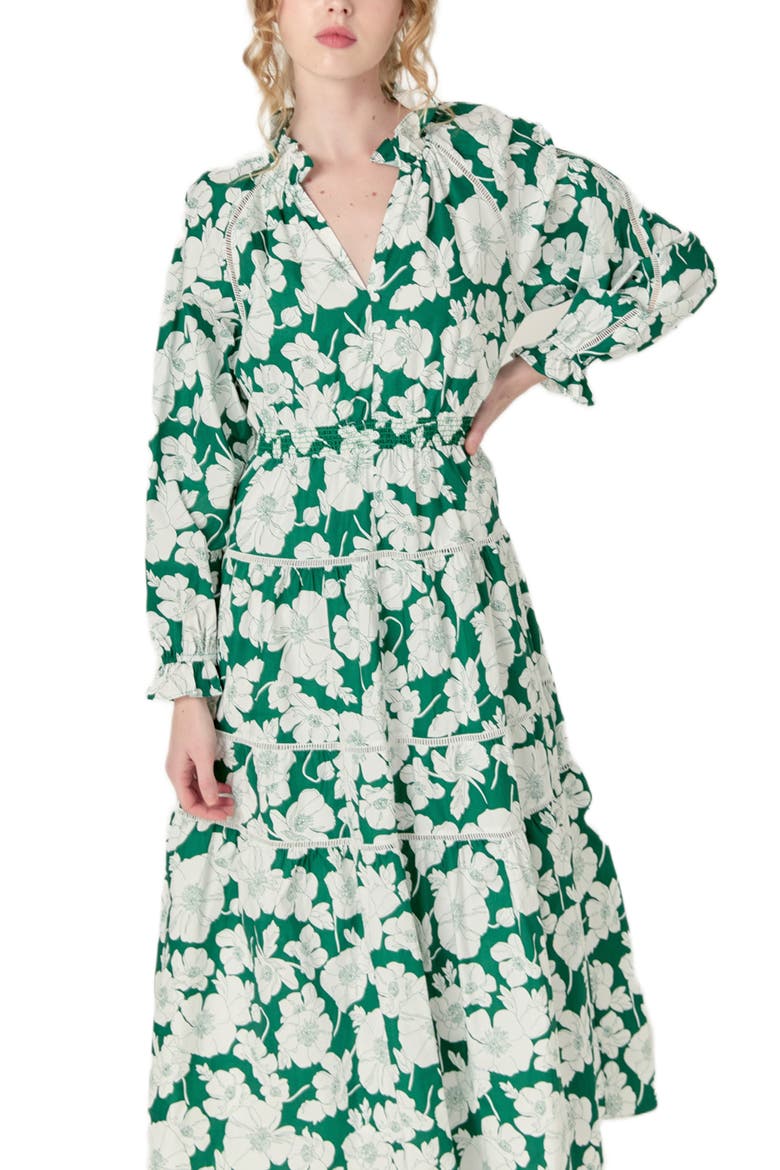 Floral Long Sleeve Cotton Tiered Maxi Dress, Alternate, color, GREEN