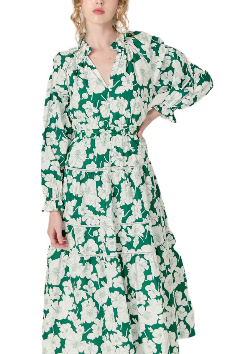 English Factory Floral Long Sleeve Cotton Tiered Maxi Dress, Alternate, color, Green