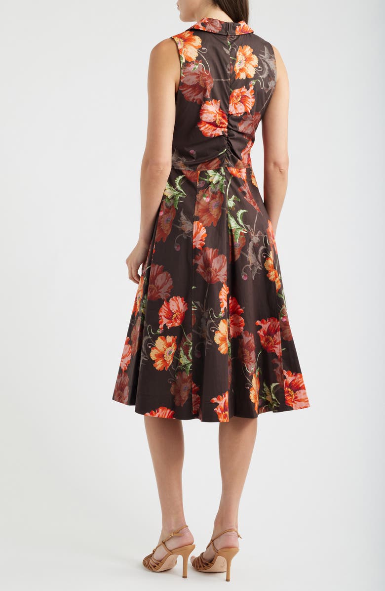 Tahari ASL Shirred Bodice Sleeveless Stretch Cotton Midi Dress, Alternate, color, Espresso Floral