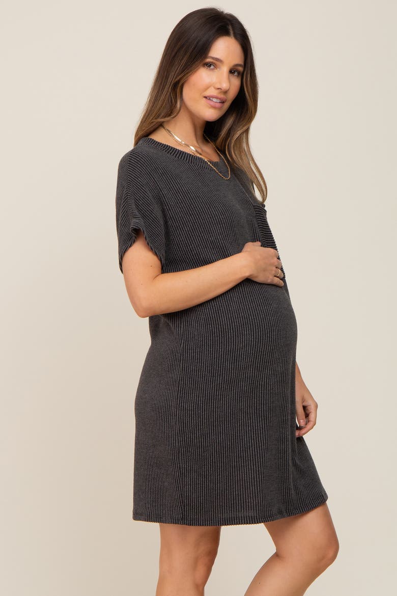 Ribbed Front Pocket Dolman Short Sleeve Dress, Alternate, color, Charcoal Grey