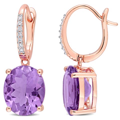 Gemstone & Diamond Oval Drop Earrings 14K