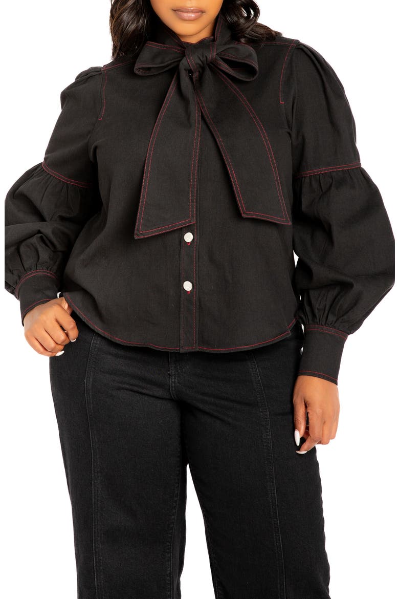 Bow Neck Puff Shoulder Denim Shirt, Main, color, DENIM BLACK