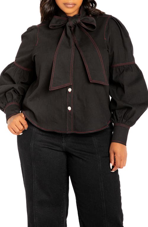 BUXOM COUTURE BUXOM COUTURE BOW NECK PUFF SHOULDER DENIM SHIRT