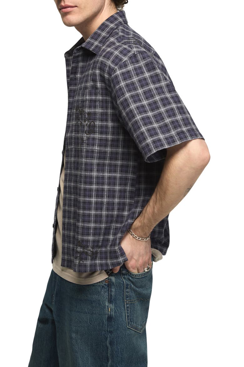 Embroidered Plaid Short Sleeve Boxy Shirt, Alternate, color, NAVY MULTI PLAID