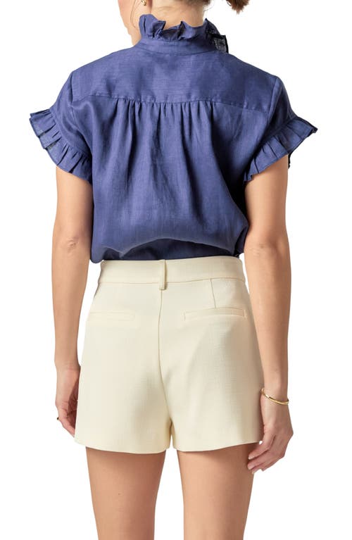 English Factory Ruffle Trim Linen Button-up Shirt In Navy