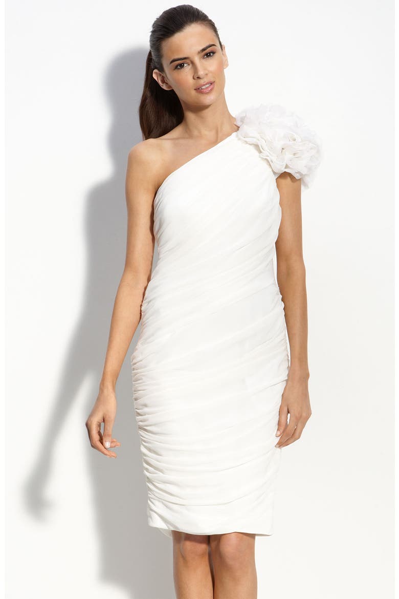 One Shoulder Chiffon Sheath Dress with Rosettes, Main, color, IVORY