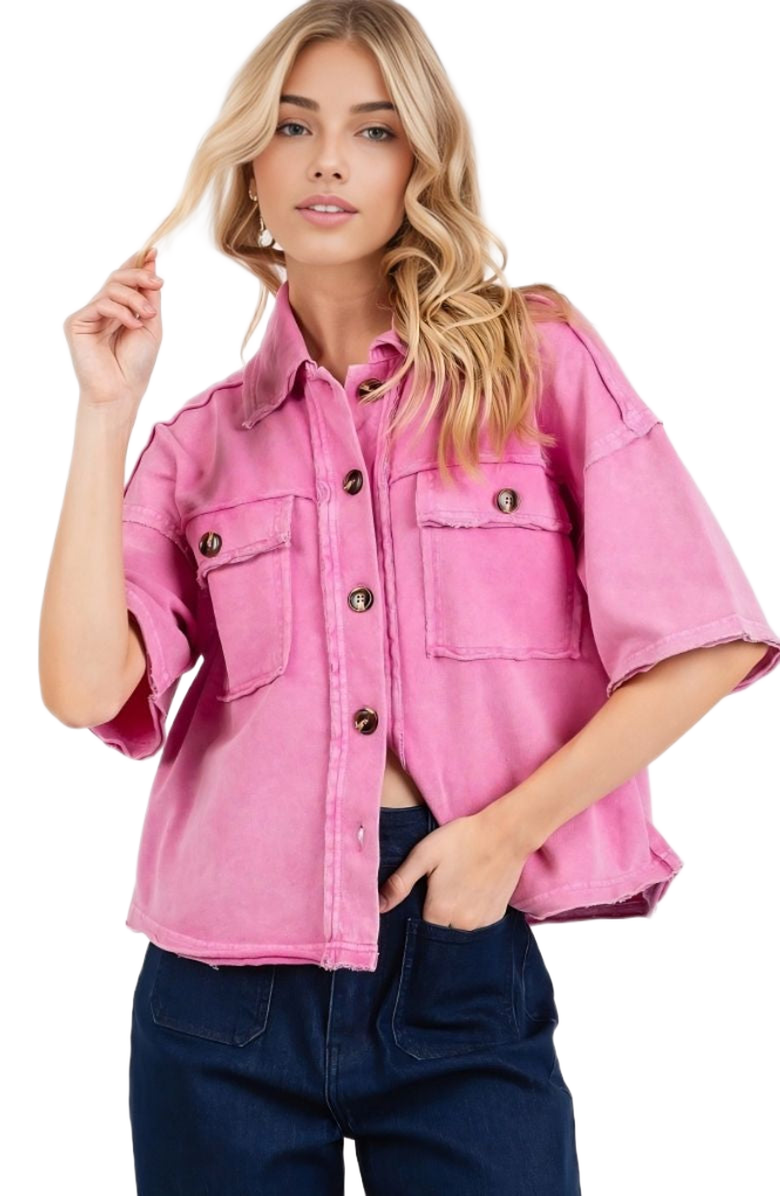 Knit and Lounge Utility Short Sleeve Button Front Boxy Fit Shirt Jacket, Alternate, color, Pink Acid Wash