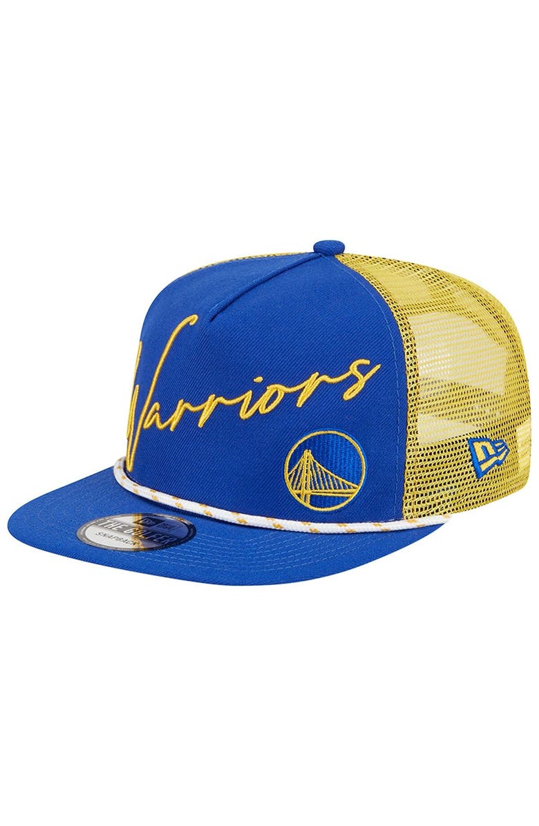New Era Men's New Era Blue Golden State Warriors Script Logo Golfer 9FIFTY Snapback Hat, Main, color, 