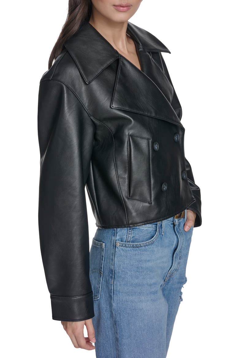 Double Breasted Faux Leather Crop Trench Coat, Alternate, color, BLACK