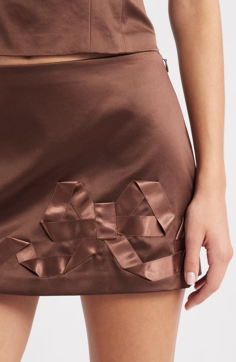 LoveShackFancy Nadina Bow Satin Miniskirt, Alternate, color, Chocolate Brown