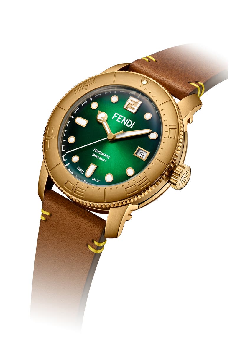 Green Opalin Leather Strap Watch, 42mm, Alternate, color, BRONZE