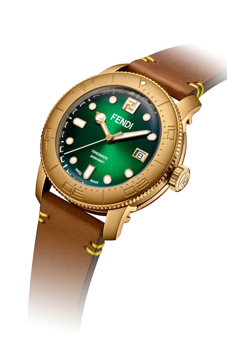 Fendi Green Opalin Leather Strap Watch, 42mm, Alternate, color,