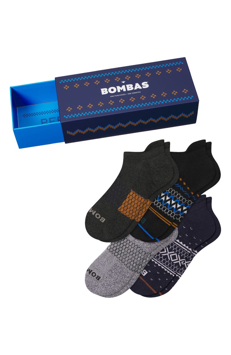 Bombas Assorted 4-Pack Fair Isle & Heathered Ankle Socks Gift Box, Main, color, Dark Balsam Mix
