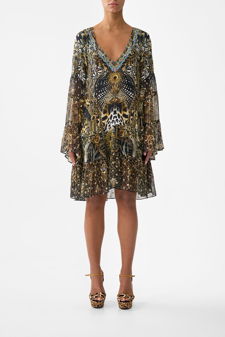 A-Line Gathered Panel Dress, Main, color, Feline Folklore