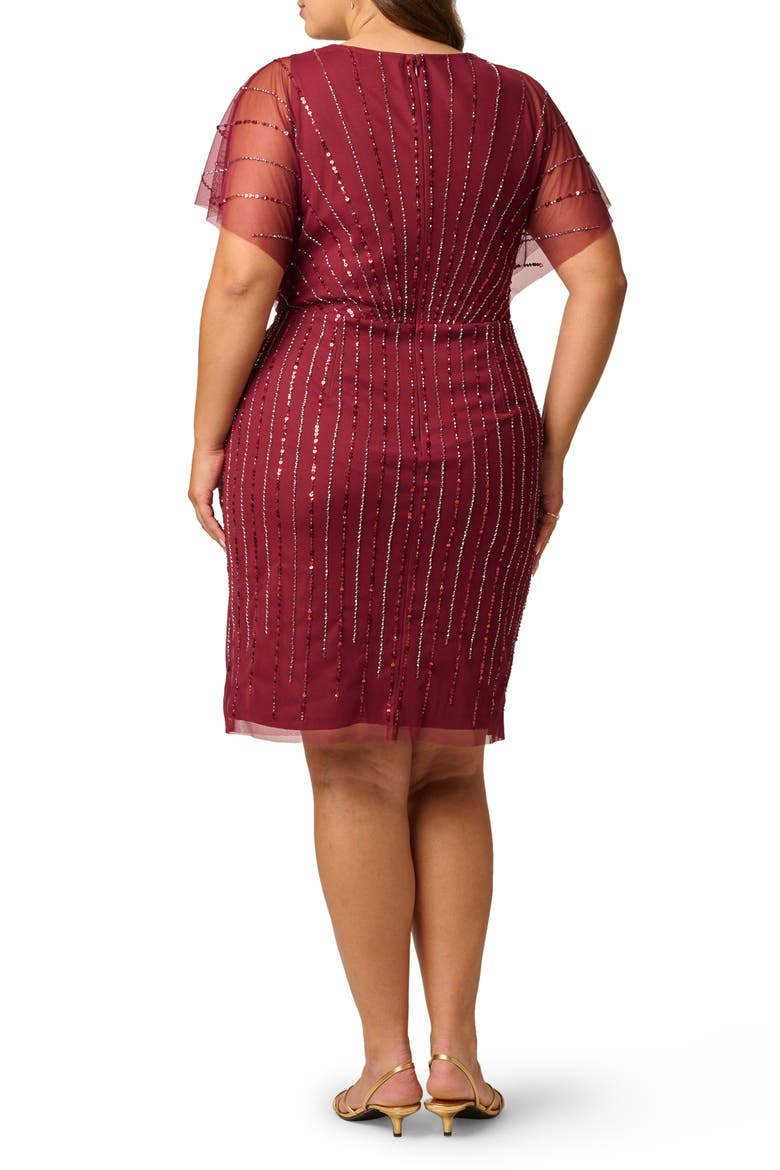 Surplice Beaded Mesh Dress, Alternate, color, MAHOGANY