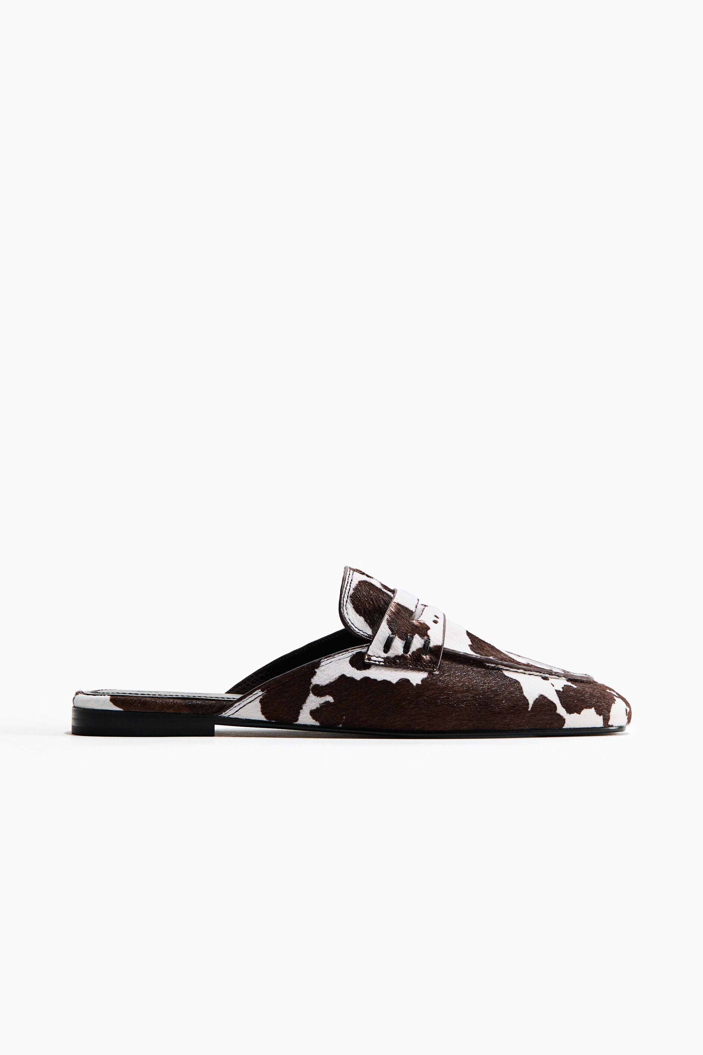 H&M Leather Loafer Mules, Alternate, color, Dark Brown/Cowhide Print