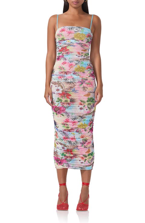 Hazel Print Ruched Mesh Midi Dress