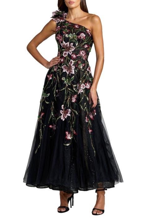 One Shoulder Floral Embellished Tulle Midi Dress