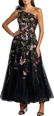 Mac Duggal One Shoulder Floral Embellished Tulle Midi Dress
