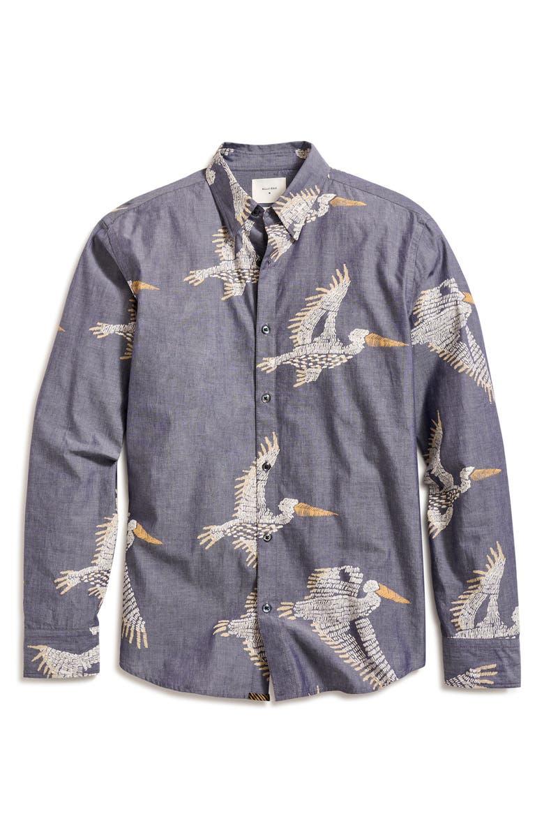 Billy Reid Wilson Pelican Swarm Print Cotton Oxford Cloth Button-Up Shirt, Main, color, Carbon Blue