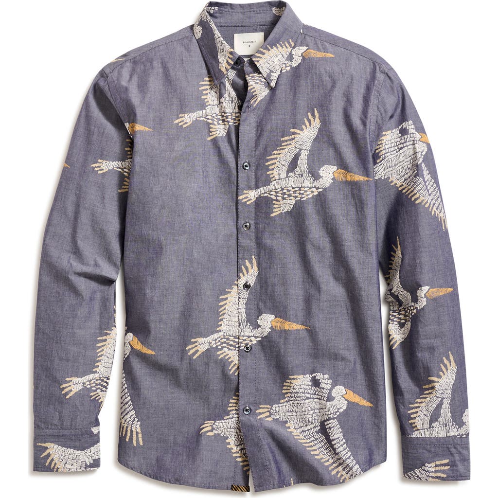 Billy Reid Wilson Pelican Swarm Print Cotton Oxford Cloth Button-up Shirt In Carbon Blue