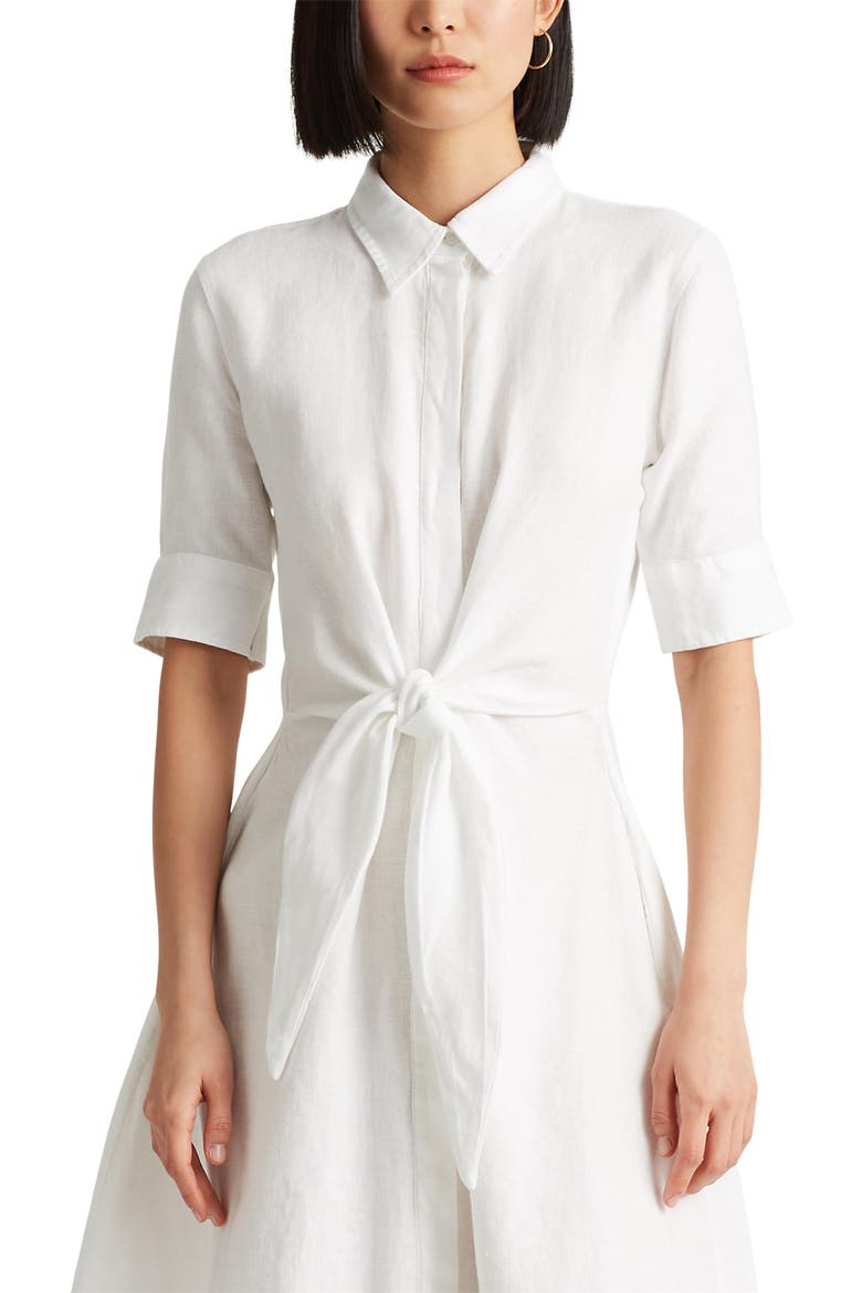 Linen Tie Front Shirtdress, Alternate, color, WHITE