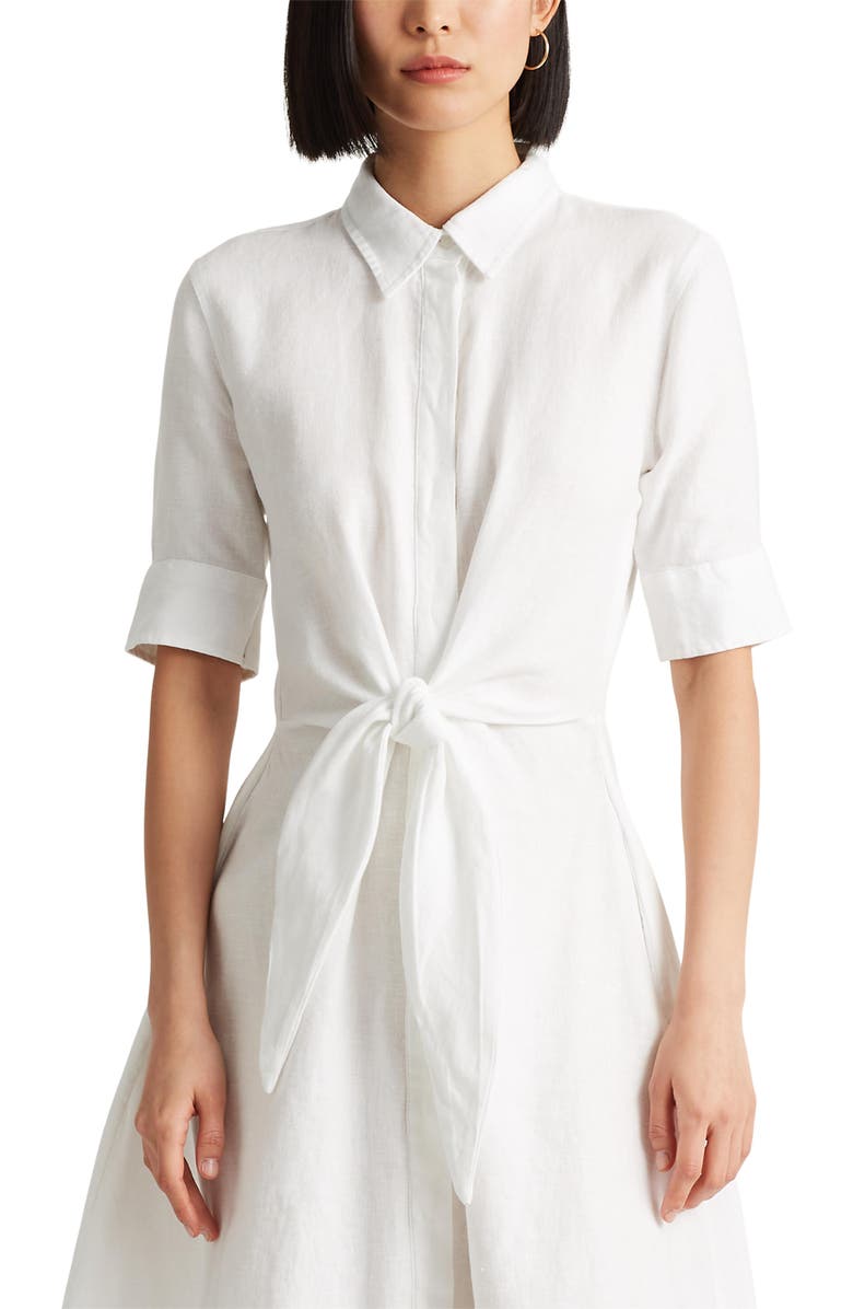 Lauren Ralph Lauren Linen Tie Front Shirtdress, Alternate, color, White