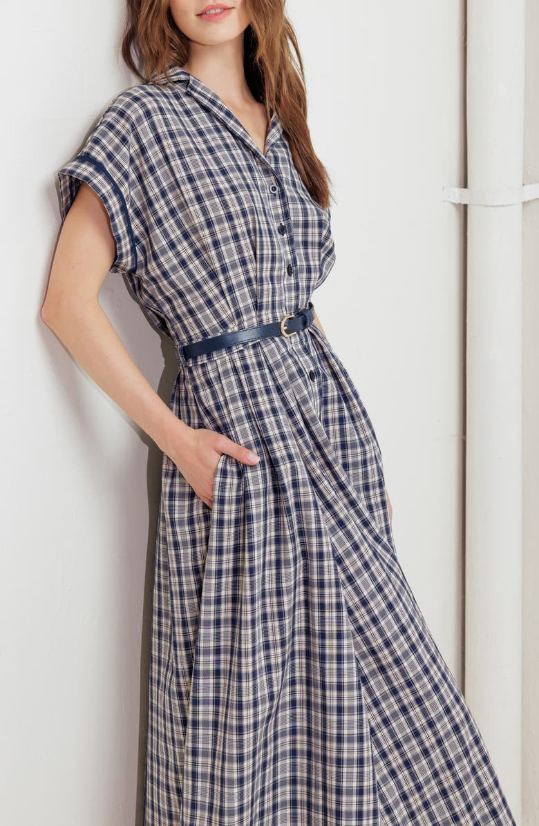 FREEMARKET Belted Plaid Shirtdress, Alternate, color, Navy Multi