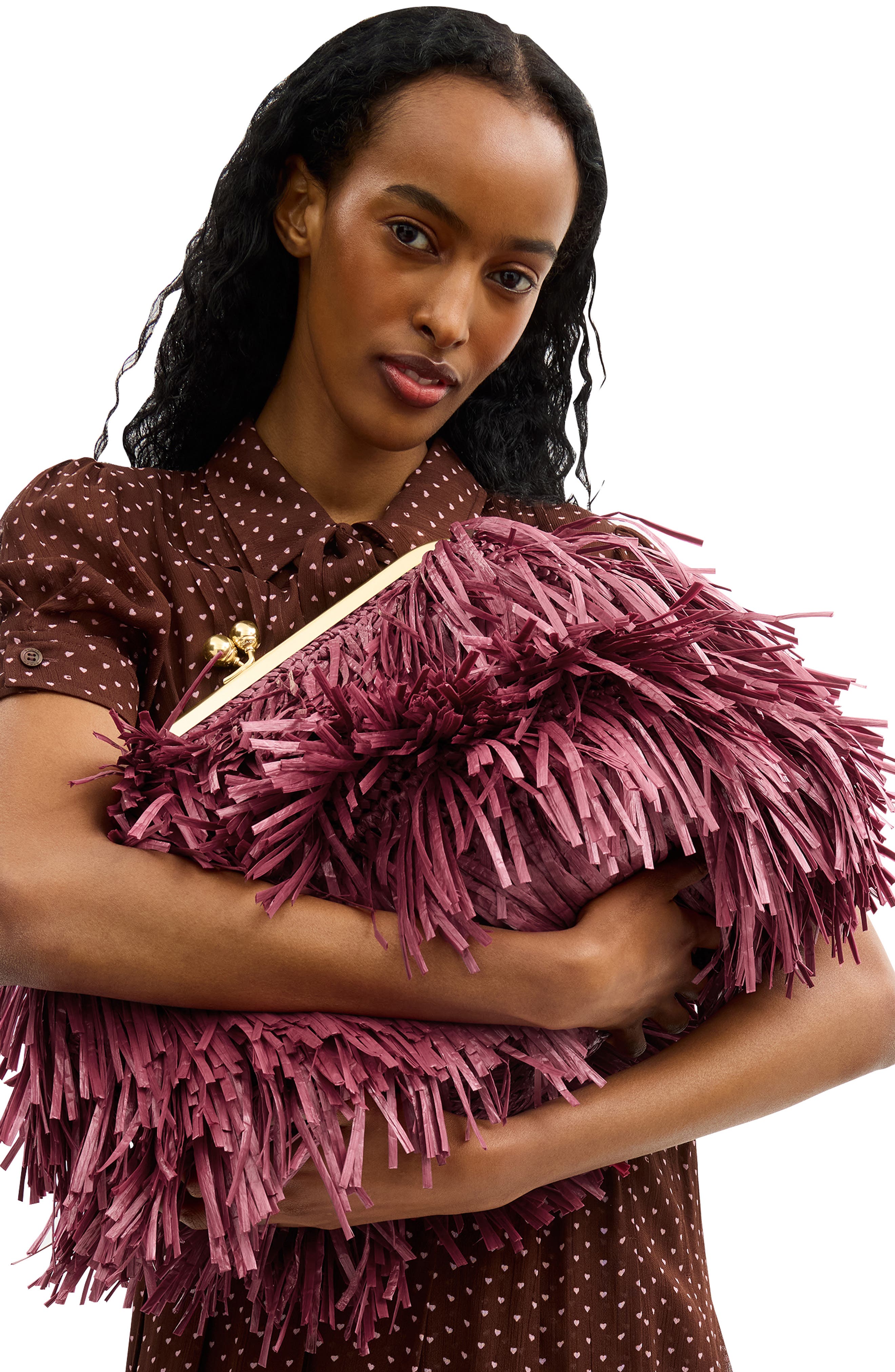 Kisslock Fringe Straw Frame Bag, Alternate, color, B4/ DARK FUCHSIA