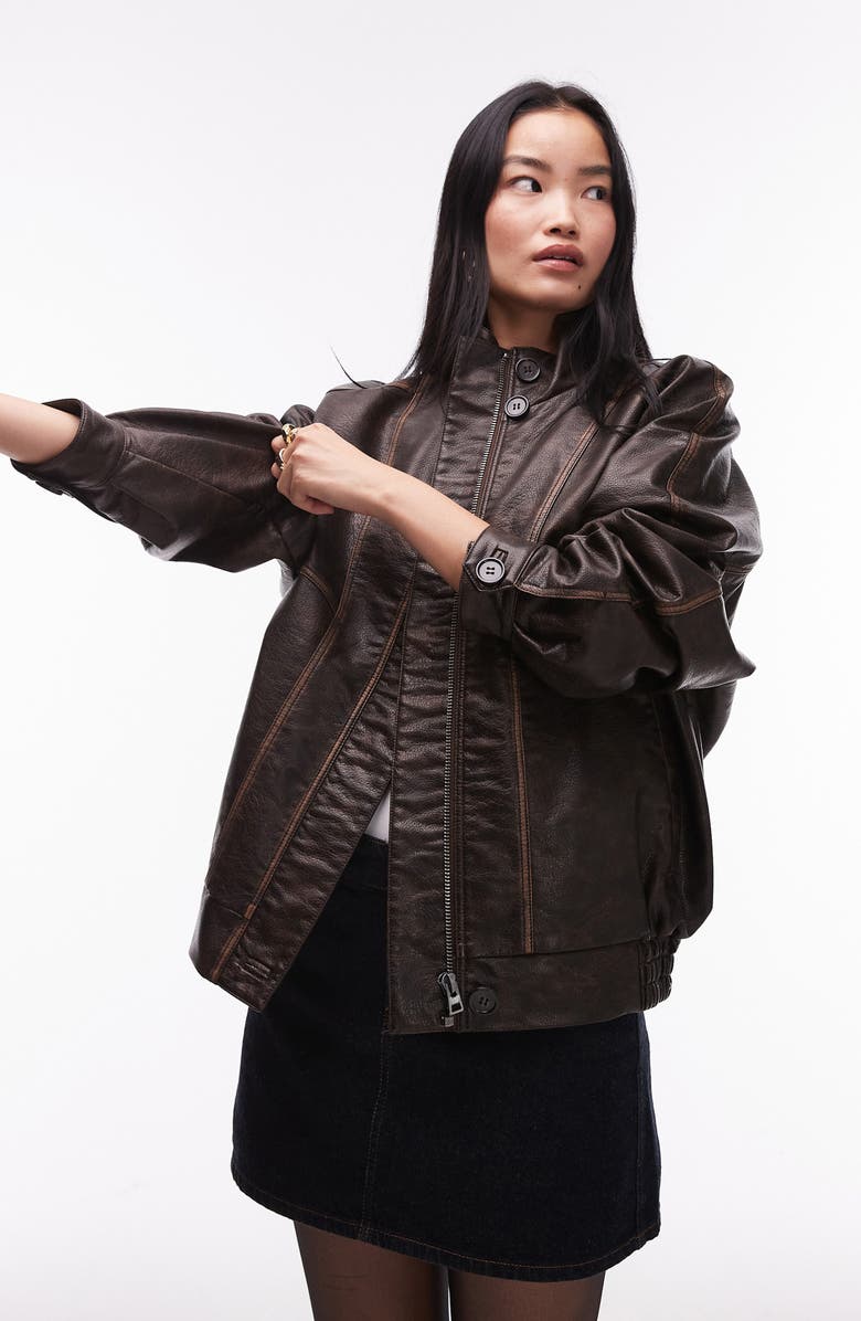 Topshop Oversize Faux Leather Bomber Jacket, Main, color, 