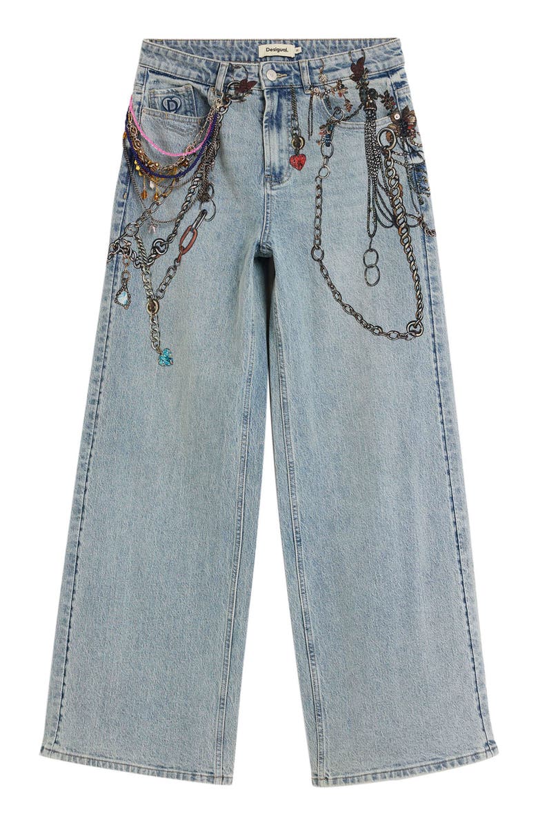 Desigual Chain Embellished Wide Leg Jeans, Alternate, color, Medium Blue
