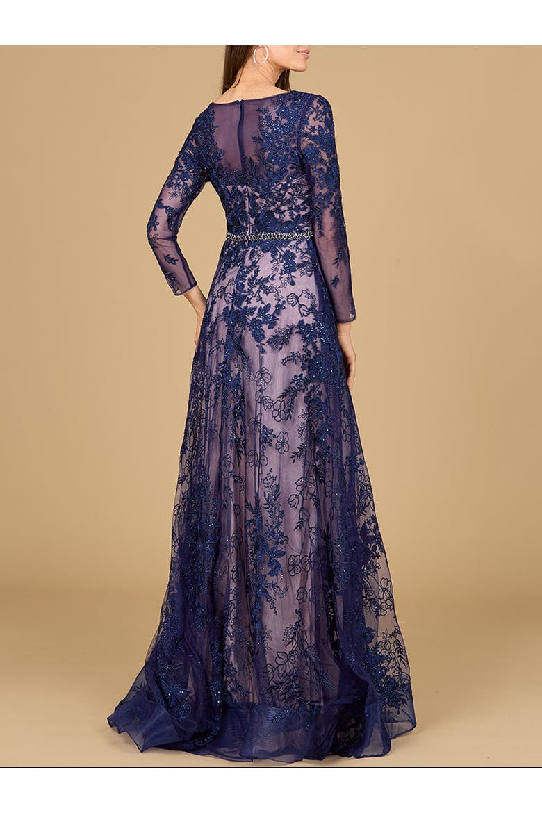 Long Sleeve V-Neck Lace Gown with Beaded Belt, Alternate, color, Navy
