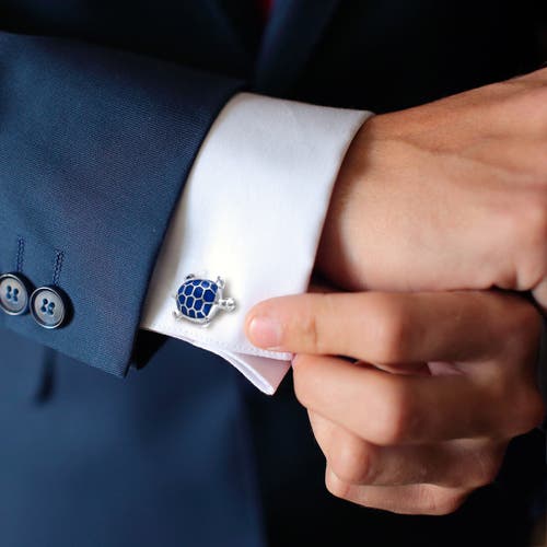 Jan Leslie Turtle Hand-painted Enamel Sterling Cufflinks In Blue