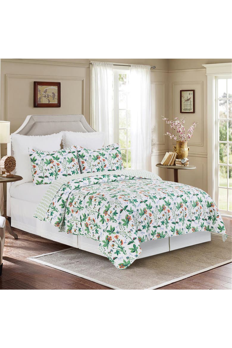 Clover Bug Spring Floral Cotton Quilt Set  - Reversible and Machine Washable, Alternate, color, Green