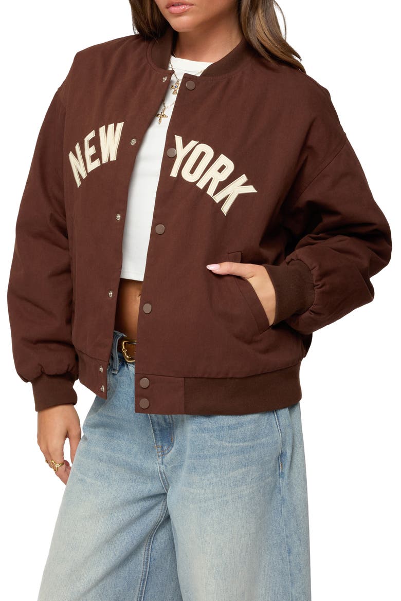 Big Apple Oversize Cotton Bomber Jacket, Alternate, color, BROWN