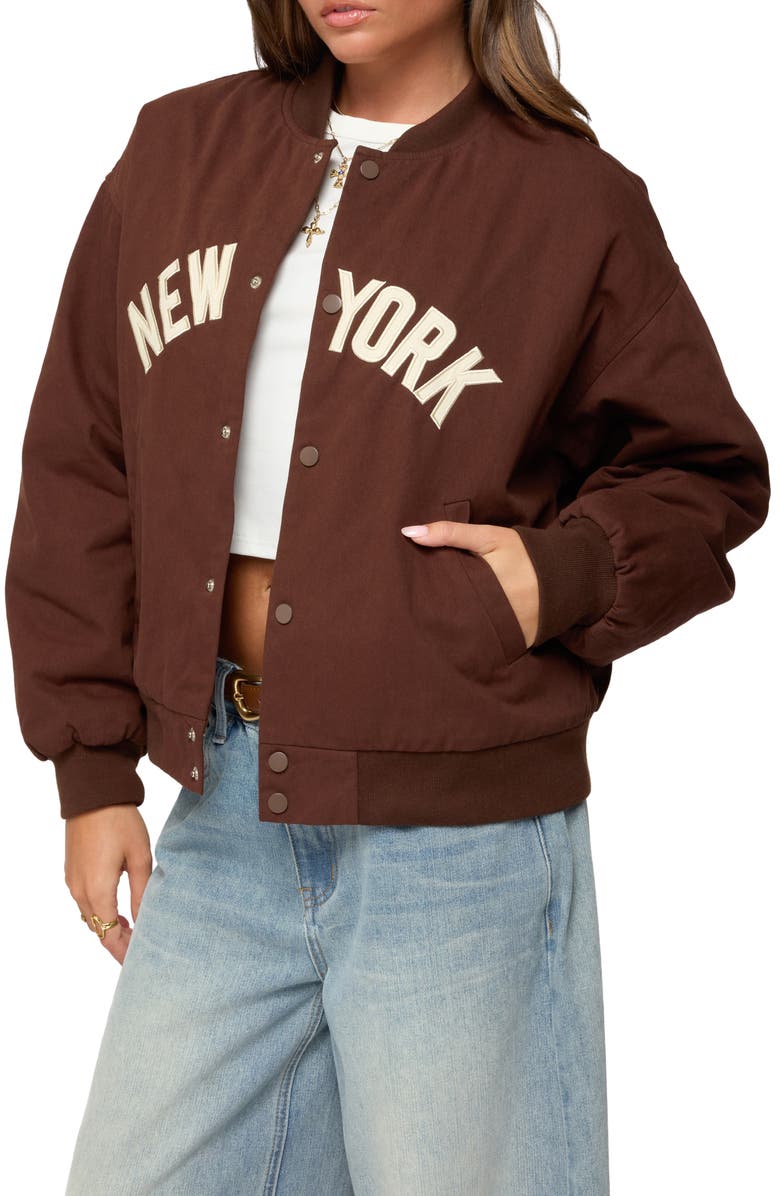 EDIKTED Big Apple Oversize Cotton Bomber Jacket, Alternate, color, Brown