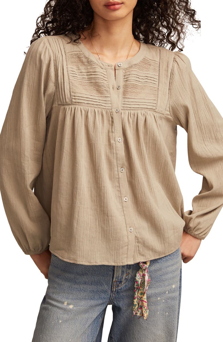 Lucky Brand Lace Inset Cotton Button-Up Peasant Top, Main, color, Laurel Oak