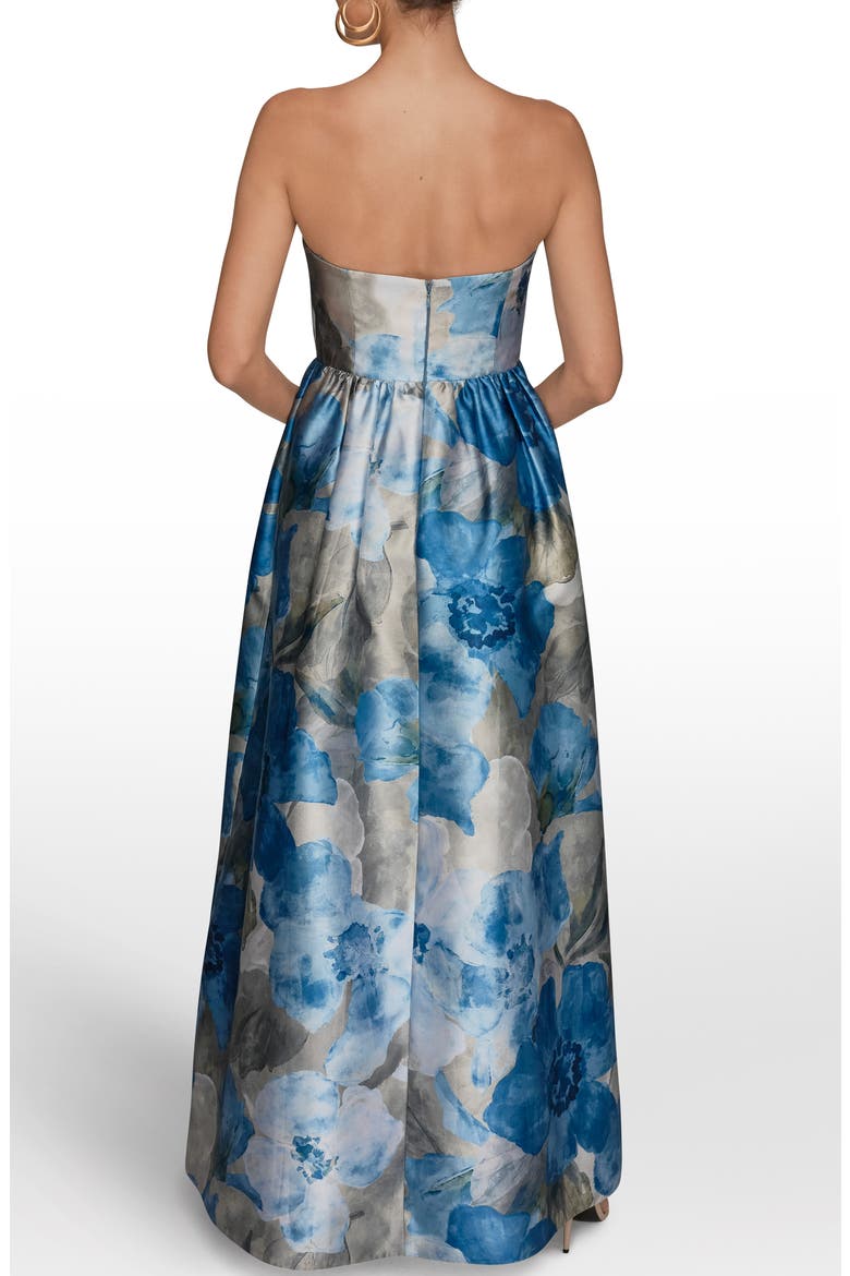 Floral Print Strapless Satin Gown, Alternate, color, WASHED INDIGO MULTI