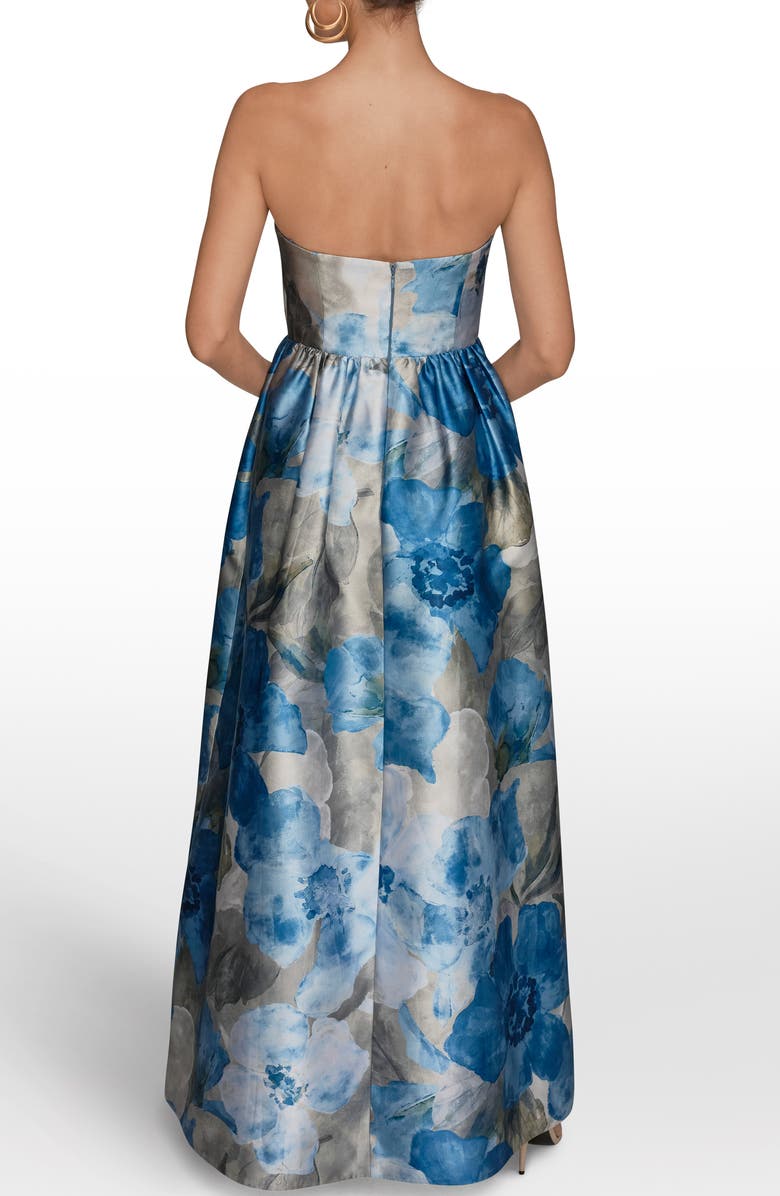 Donna Karan New York Floral Print Strapless Satin Gown, Alternate, color, Washed Indigo Multi