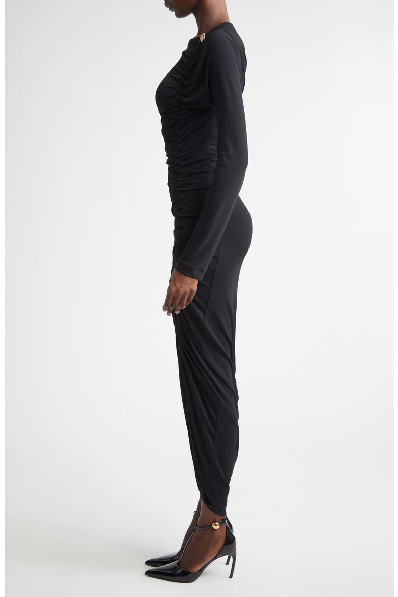 Ruched Long Sleeve Jersey Evening Dress, Alternate, color, NERO