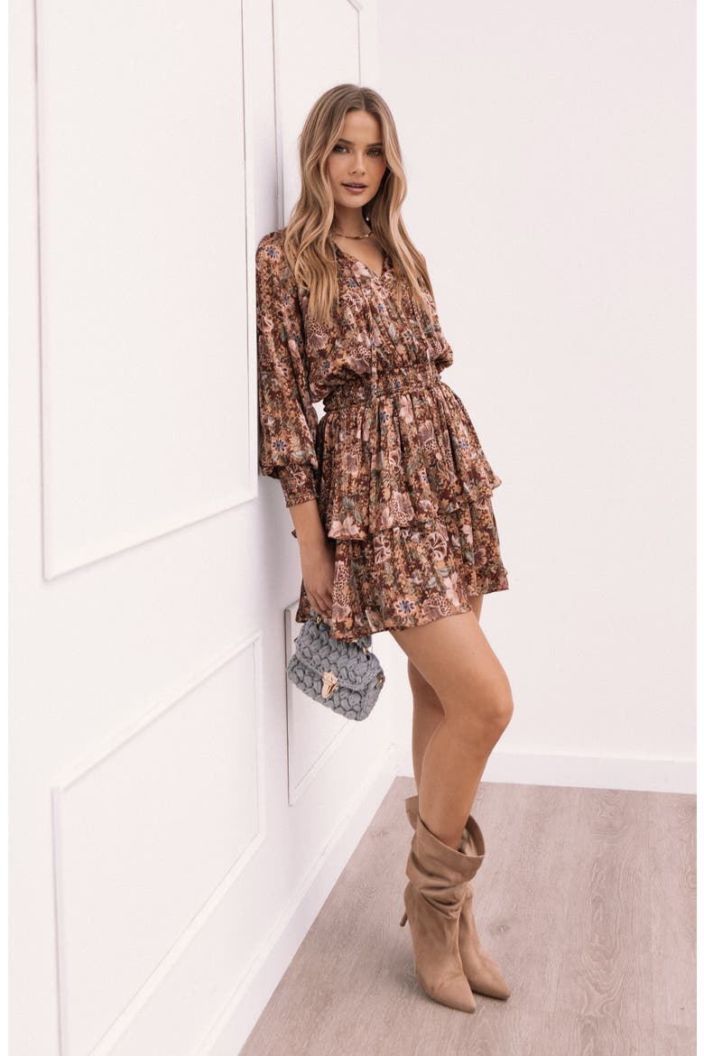 Alby Floral Long Sleeve Tiered Minidress, Alternate, color, CHOCOLATE BROWN