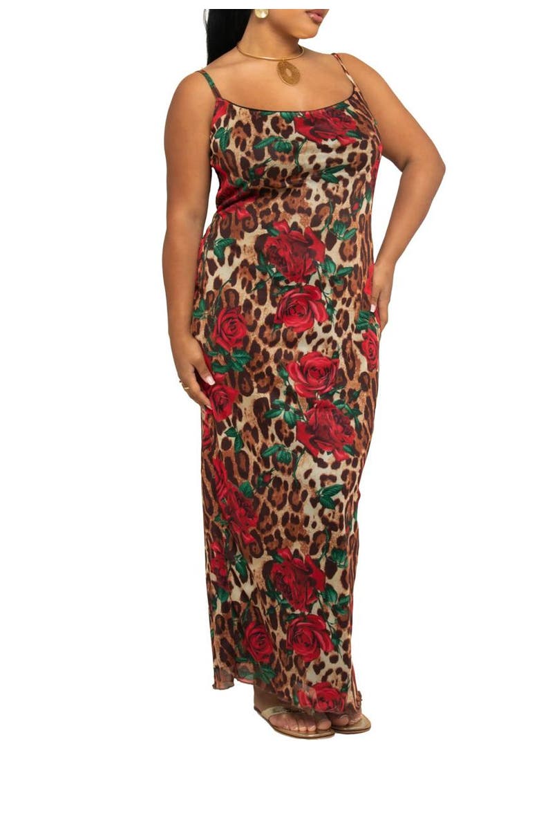 FASHION-SZN CURVE Leopard Print And Floral Mesh Maxi Dress, Alternate, color, Brown