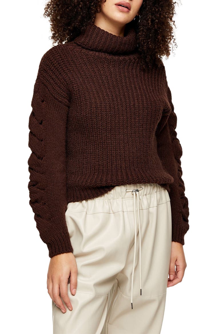 Cable Knit Sleeve Turtleneck Sweater, Main, color, DARK BROWN