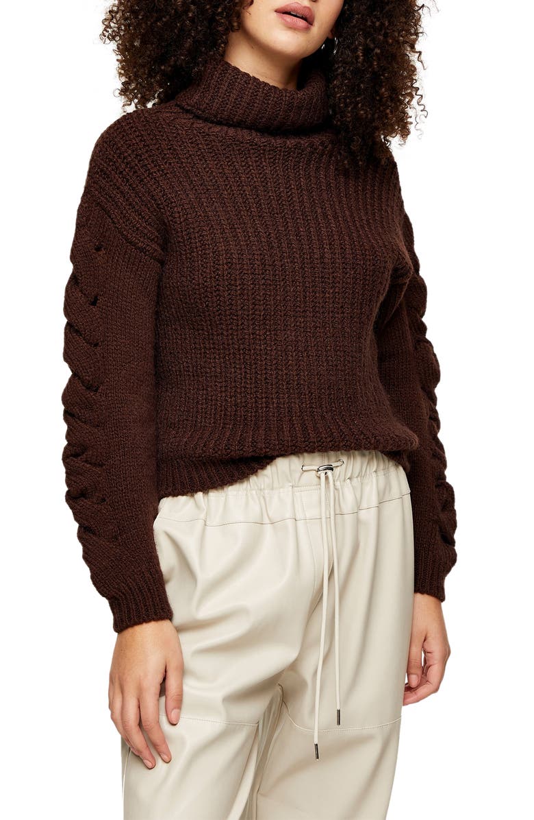 Topshop Cable Knit Sleeve Turtleneck Sweater, Main, color,