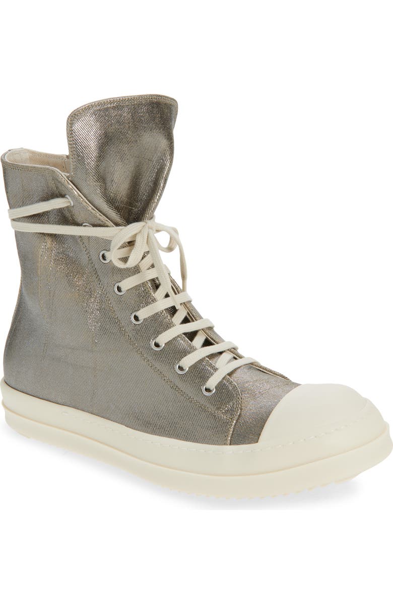 Rick Owens DRKSHDW Darkshadow Foiled Denim High Top Sneaker, Main, color, Palladium/ Milk/ Milk