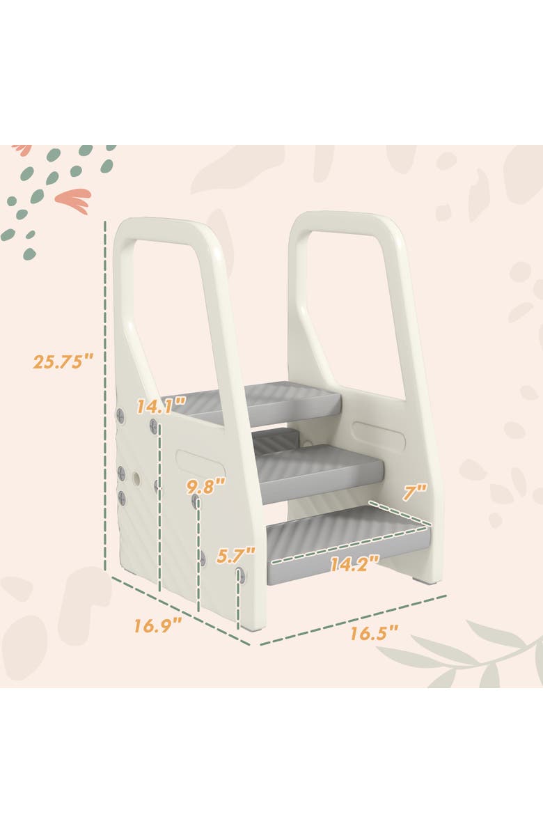 Qaba 3-Step Kids Kitchen Stool Helper, Handles, Non-slip Surface, Foot Pads, Alternate, color, Gray