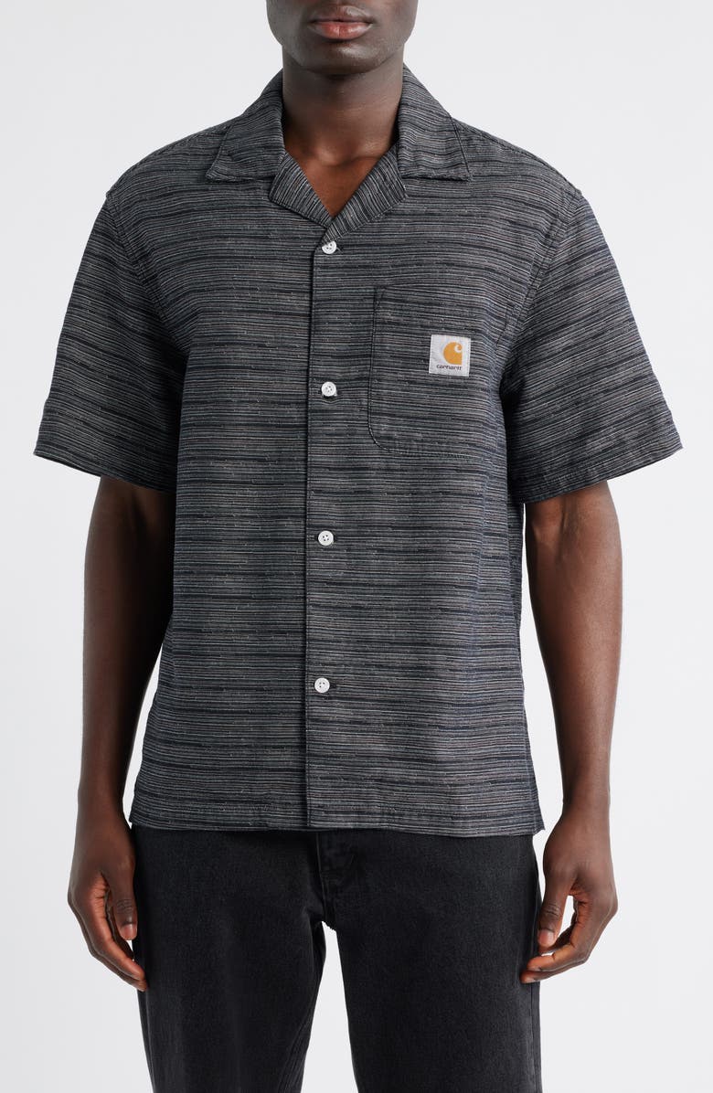 Carhartt Work In Progress Gellar Short Sleeve Cotton Jacquard Camp Shirt, Main, color, Gellar Stripe, Black (Rinsed)